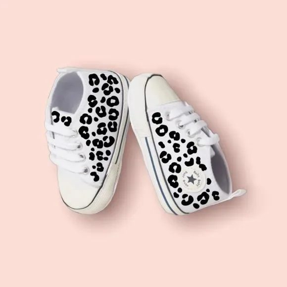 Infant baby girl shoes, walker, cute custom design, white w/ black leopard print - Picture 2 of 4